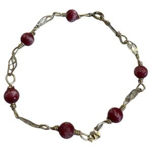 Antique 1/20 14K Gold Filled Burgundy Gemstone Beaded Bracelet 7"